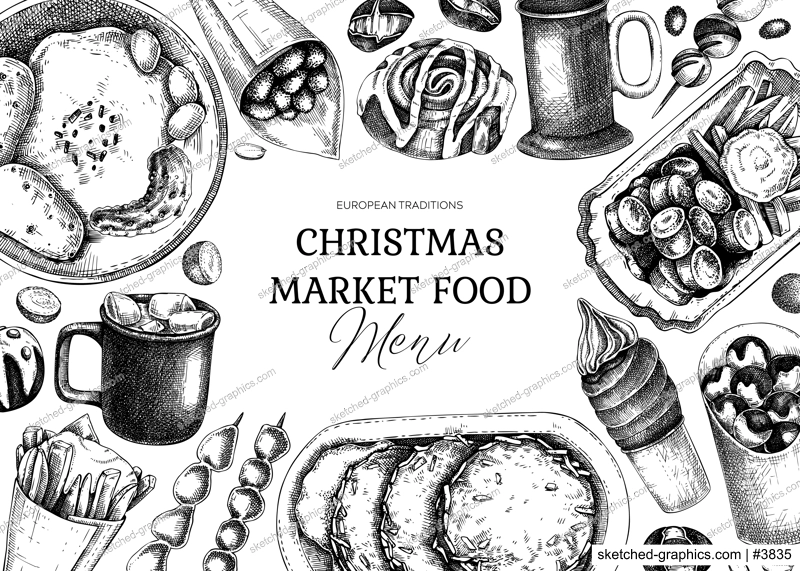 Street food and drink background. Traditional European Christmas market  pastries, sweets, grilled meat, raclette, hot drinks sketches on chalkboard. Hand-drawn vector illustration. Fast food menu 