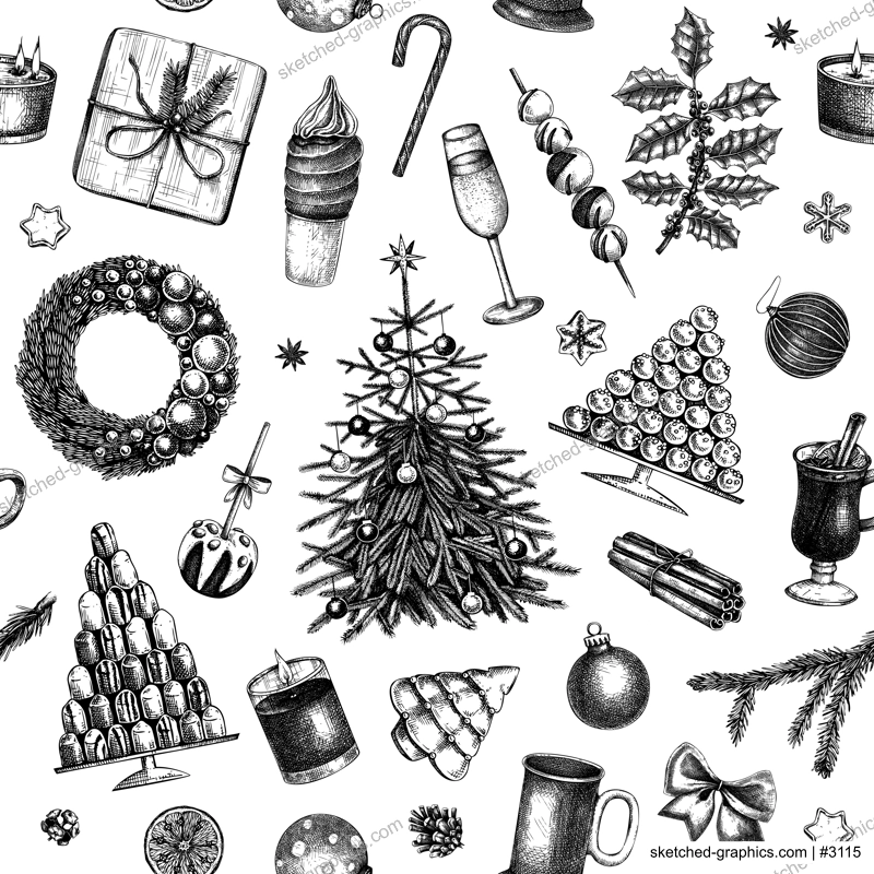 Christmas seamless pattern. Hand drawn vector illustration. Vintage background. Winter holiday decoration. Christmas tree, Christmas wreath, hot drinks, cookies, pastries, sweets sketches