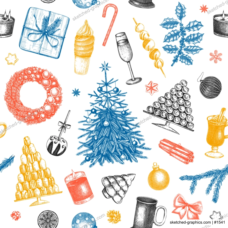 Christmas seamless pattern. Hand drawn vector illustration. Vintage background. Winter holiday decoration. Christmas tree, Christmas wreath, hot drinks, cookies, pastries, sweets sketches