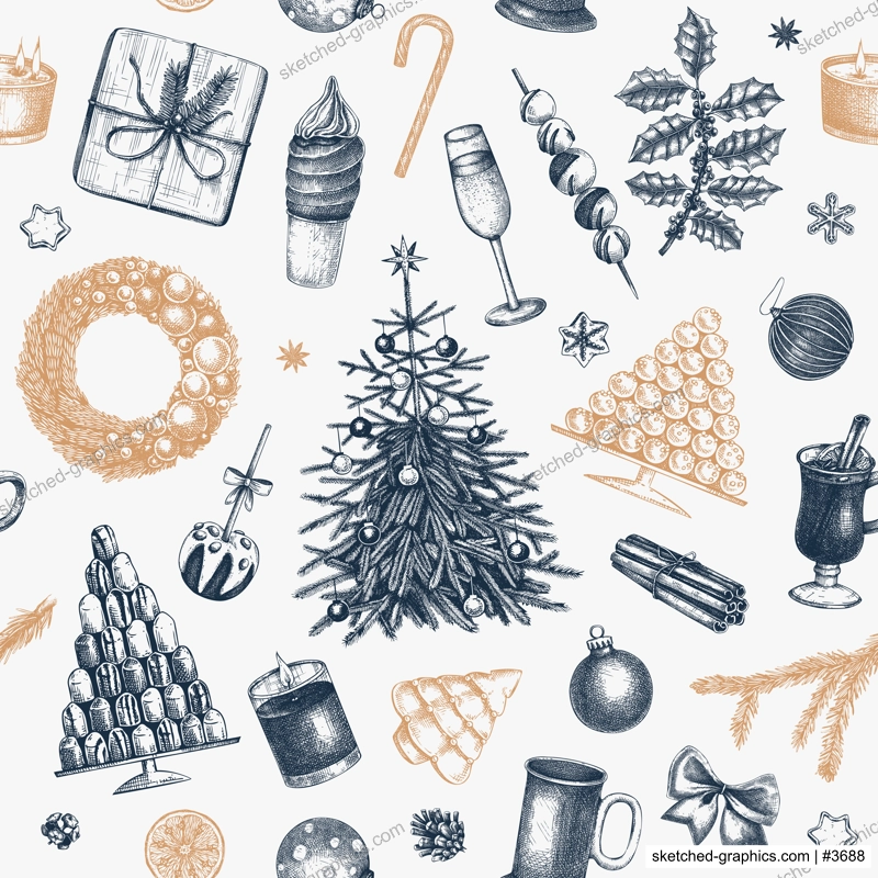 Christmas seamless pattern. Hand drawn vector illustration. Vintage background. Winter holiday decoration. Christmas tree, Christmas wreath, hot drinks, cookies, pastries, sweets sketches