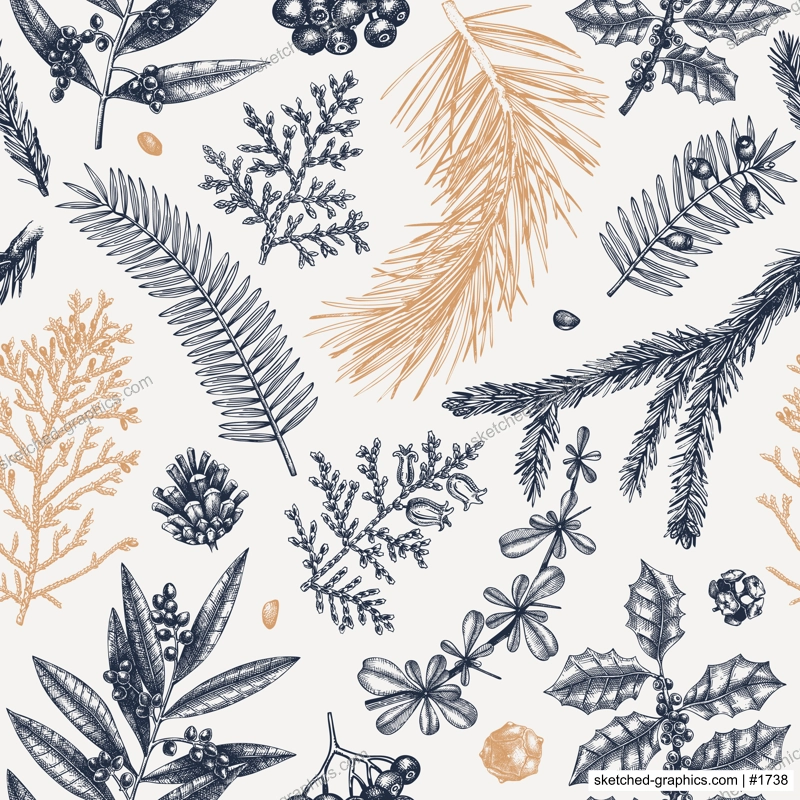 Merry Christmas seamless pattern. With vintage winter flowers, evergreen, conifers plants. Vector design with hand drawn botanical elements. For wrapping paper, greeting cards, banners, packaging.