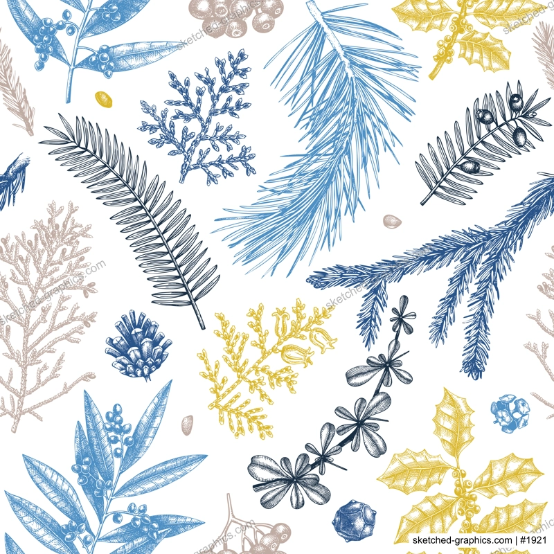 Merry Christmas seamless pattern. With vintage winter flowers, evergreen, conifers plants. Vector design with hand drawn botanical elements.  For wrapping paper, greeting cards, banners, packaging.
