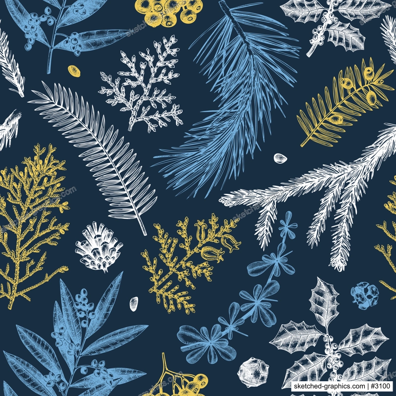 Merry Christmas seamless pattern. With vintage winter flowers, evergreen, conifers plants. Vector design with hand drawn botanical elements.  For wrapping paper, greeting cards, banners, packaging.