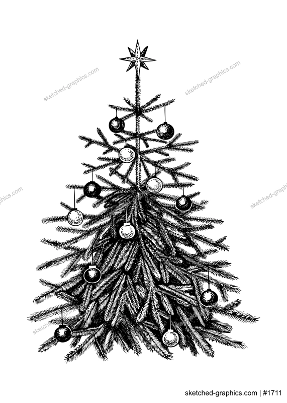 Christmas tree sketch. Hand-drawn vector illustration. Beautiful Christmas fir with decorations - balls, garlands, bulbs, in vase. Christmas market tree drawing.