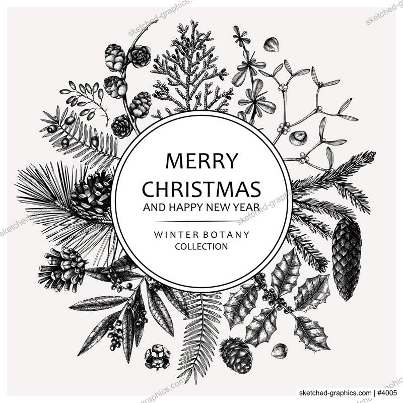 Merry Christmas card. Round wreath with evergreen plants, conifers, and nuts drawing. Winter design with hand-drawn botanical illustrations. Christmas background, New Year invitation template