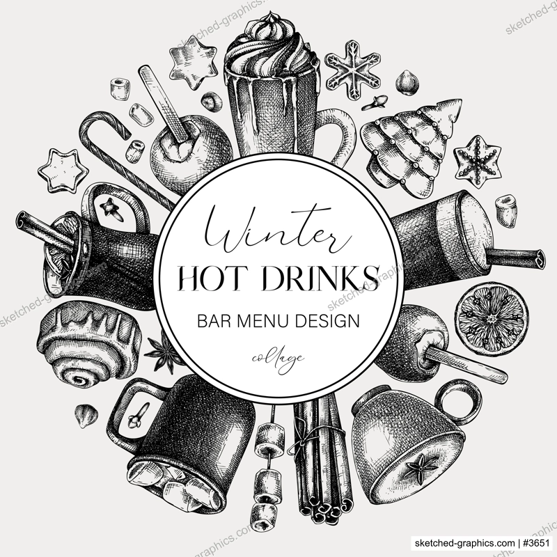 Christmas wreath in vintage style. Mulled wine, coffee, hot chocolate, cocoa sketches. Hot drinks bar menu. Winter drinks and sweets frame template. Vector food background black and white.
