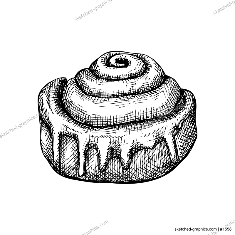 Sketched cinnamon roll illustration. Vector sketch of traditional baked product. Cinnamon bun with cream, sugar, cinnamon drawing. Bakery goods sketch in vintage style. Sweet food.