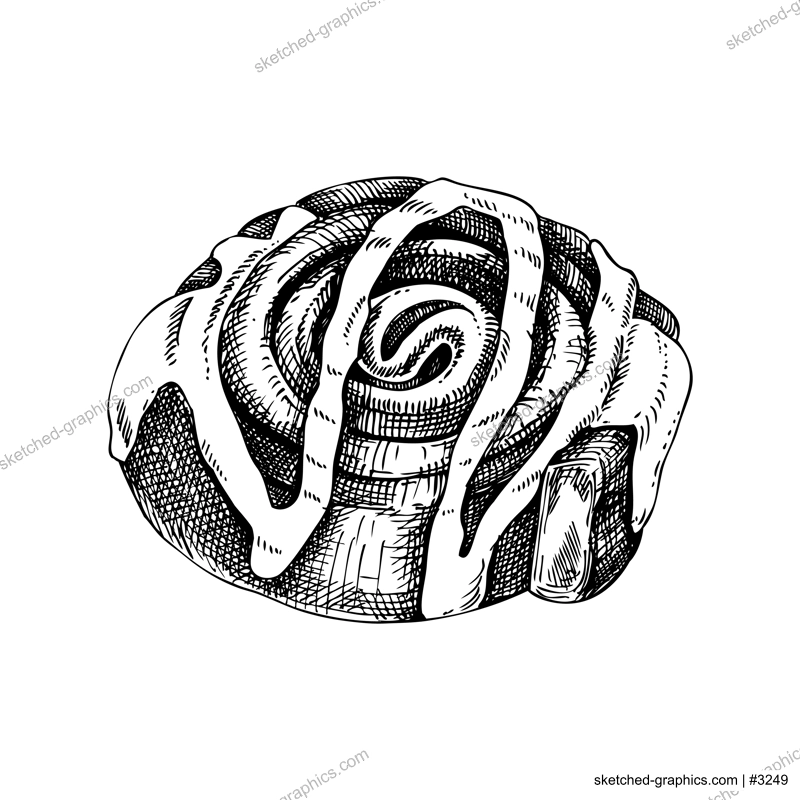 Cinnamon roll sketch. Hand-drawn vector illustration. Fast food, bakery design element. European Christmas market food. Traditional pastry with sugar, cream and chocolate drawing