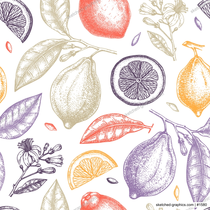 Ink hand drawn citrus fruits backdrop. Vector lemons seamless pattern with citrus fruits, flowers, seeds, leaves, branches sketches. Perfect for packing, greeting cards, invitations, prints. 