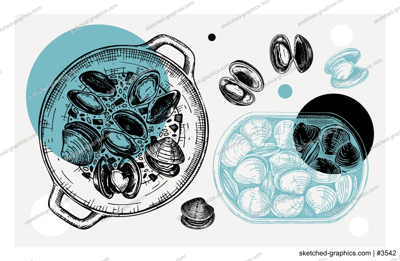 Cooked clams with herbs on plate illustration in collage style. Shellfish and seafood restaurant design element. Hand drawn canned clams in tin can sketch isolated on vintage background
