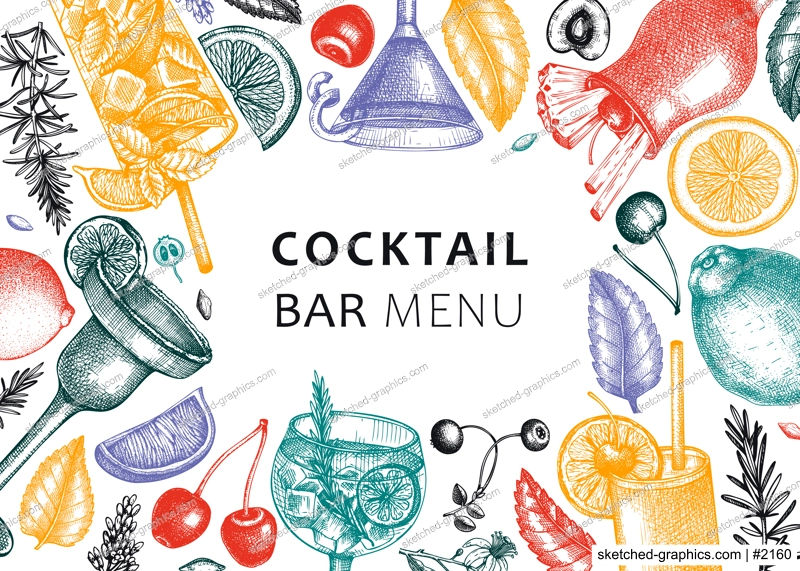 Alcoholic cocktails background. Glass of margarita, mojito, Pina colada, cosmopolitan, tequila sunrise banner design. Hand-sketched cocktails frame in color. Vector drinks illustration