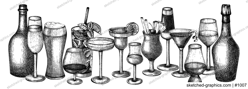 Bar banner or menu design with hand-sketched glasses and bottles. Vector sketches of alcoholic drinks and cocktails. Popular alcohol beverages hand-drawings for bar or restaurant branding.