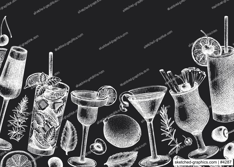 Alcoholic cocktails background on chalkboard. Glass of margarita, mojito, Pina colada, cosmopolitan, tequila sunrise design. Hand-sketched cocktails engraved drawings. Vector drinks illustration