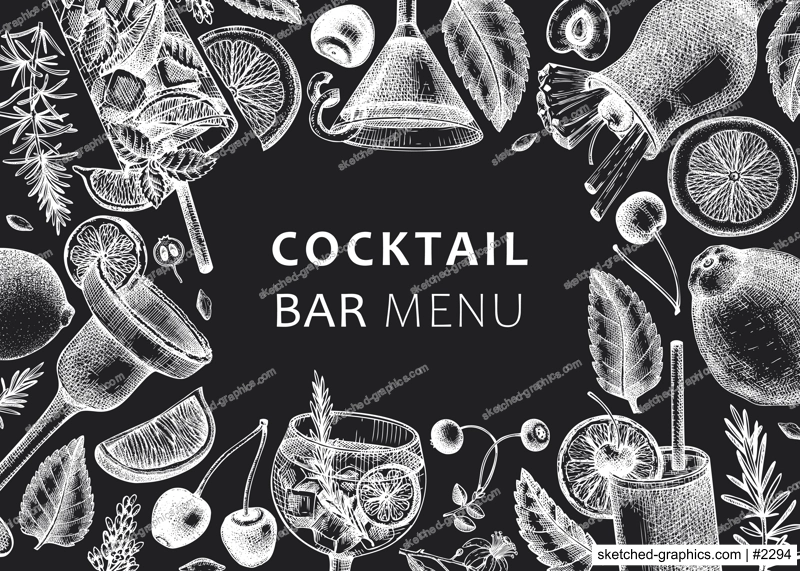 Alcoholic cocktails background on chalkboard. Glass of margarita, mojito, Pina colada, cosmopolitan, tequila sunrise design. Hand-sketched cocktails engraved drawings. Vector drinks illustration