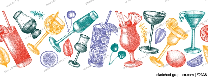 Seamless cocktail glasses ribbon design. Hand-sketched alcoholic drinks in elegant glassware. Popular alcohol cocktails drawings in color. Perfect banner design for pub, bar, or restaurant menu
