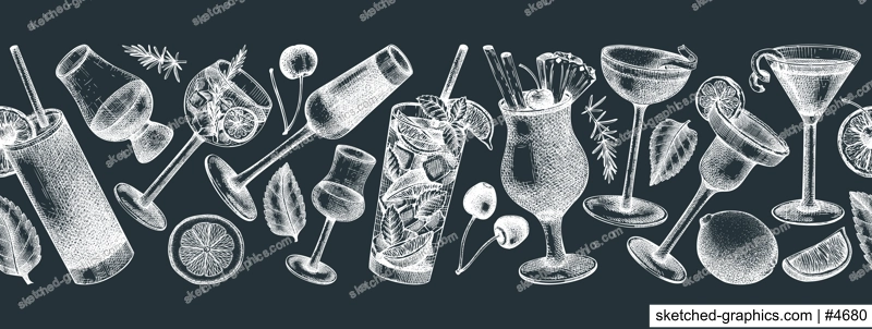 Seamless cocktail glasses ribbon design. Hand-sketched alcoholic drinks in elegant glassware. Popular alcohol cocktails drawings on chalkboard. Perfect banner design for pub, bar, or restaurant menu