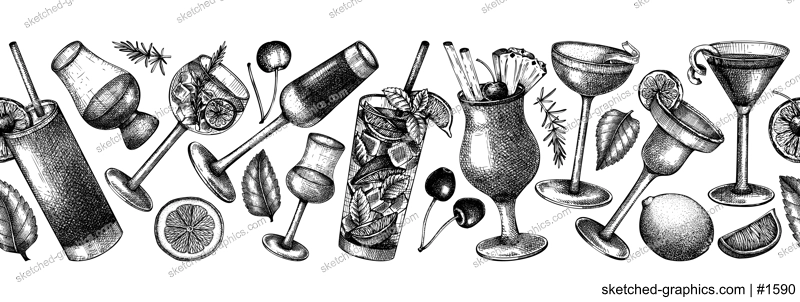Seamless cocktail glasses ribbon design. Hand-sketched alcoholic drinks in elegant glassware. Popular alcohol cocktails drawings in sketched style. Banner design for pub, bar, or restaurant menu
