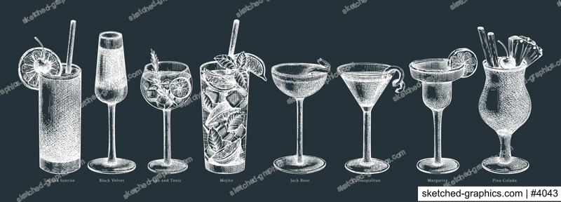 Hand-sketched cocktail illustrations set. Vector sketch of alcoholic drinks in an elegant glasses. Popular alcohol cocktails hand-drawing for bar or restaurant menu isolated on white 