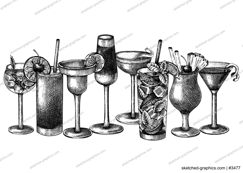 Hand-sketched cocktail illustration Vector sketches of alcoholic drinks in elegant glasses. Popular alcohol cocktails vintage hand-drawing. Perfect banner design for bar or restaurant menu