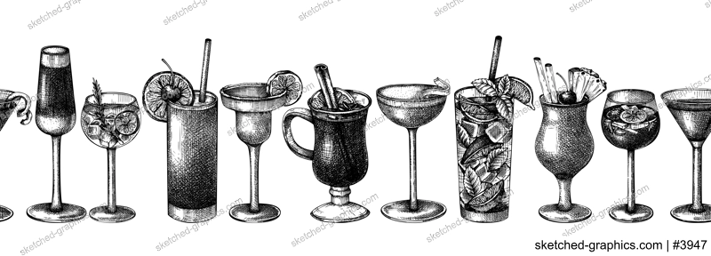 Hand-sketched cocktail illustration Vector sketches of alcoholic drinks in elegant glasses. Popular alcohol cocktails vintage hand-drawing. Perfect banner design for bar or restaurant menu