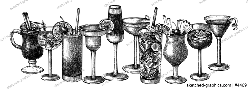 Vintage design with hand-sketched cocktail glasses. Vector sketches of alcoholic drinks. Popular alcohol cocktails and beverages hand-drawings. Perfect for bar or restaurant menu and banners