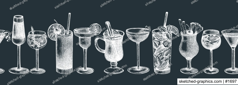 Hand-sketched cocktail illustration Vector sketches of alcoholic drinks in elegant glasses. Popular alcohol cocktails vintage hand-drawing. Perfect banner design for bar or restaurant menu
