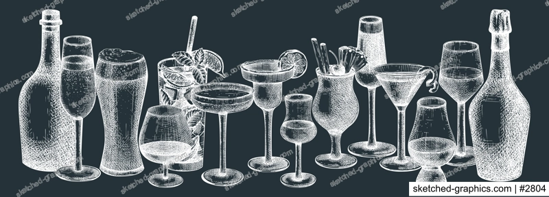 Bar banner or menu design with hand-sketched glasses and bottles. Vector sketches of alcoholic drinks and cocktails. Popular alcohol beverages hand-drawings on chalkboard