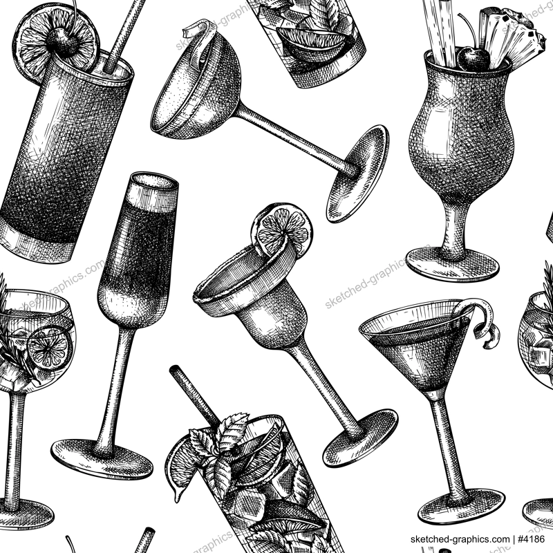Alcoholic cocktails seamless pattern. Hand-sketched alcoholic drinks glasses background. Popular alcohol cocktails backdrop for bar or restaurant menu isolated on white 