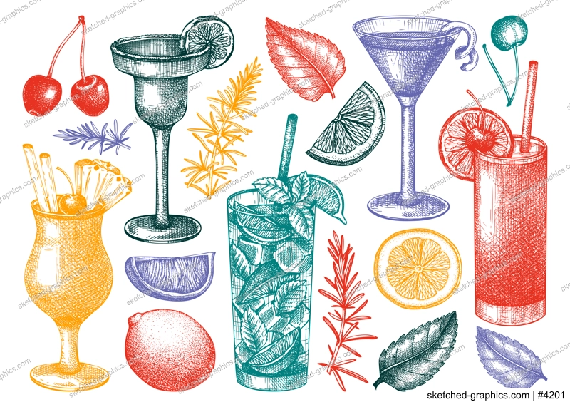 Alcoholic cocktails set. Glass of margarita, mojito, Pina colada, cosmopolitan, tequila sunrise. Hand-sketched cocktails engraved drawings in color. Vector drinks illustration