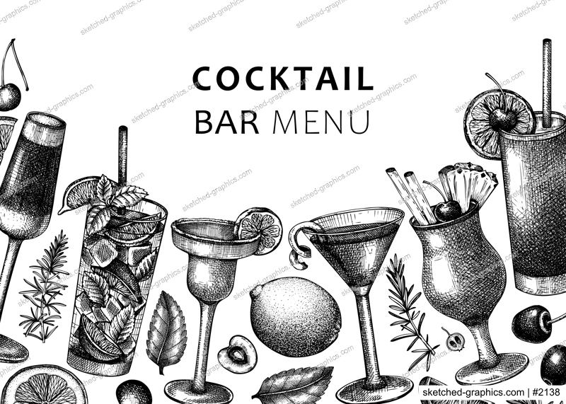 Alcoholic cocktails background. Glass of margarita, mojito, Pina colada, cosmopolitan, tequila sunrise design. Hand-sketched cocktails drawings. Isolated black and white vector drinks illustration