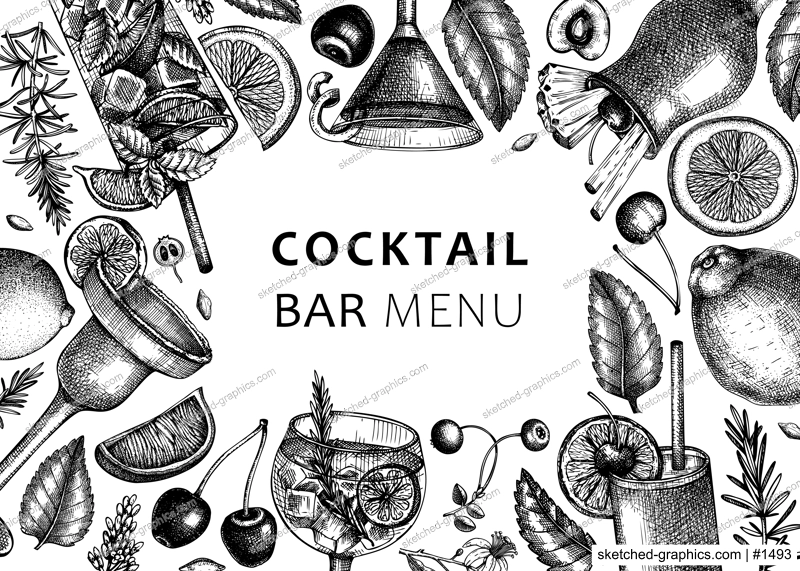 Alcoholic cocktails background. Glass of margarita, mojito, Pina colada, cosmopolitan, tequila sunrise banner design. Hand-sketched cocktails frame. Isolated black and white vector drinks illustration