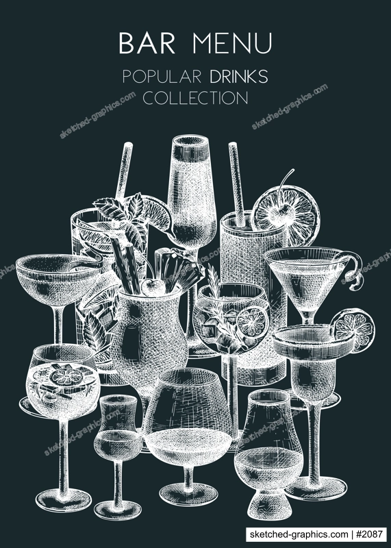 Alcoholic cocktails poster design. Glass of margarita, mojito, Pina colada, cosmopolitan, tequila sunrise banner design. Hand-sketched cocktails banner. Vector bar drinks illustration on chalkboard