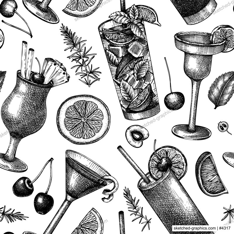 Alcoholic cocktails seamless pattern. Hand-sketched alcoholic drinks glasses background. Popular cocktails backdrop for bar or restaurant menu isolated on white. Vintage style beverages design