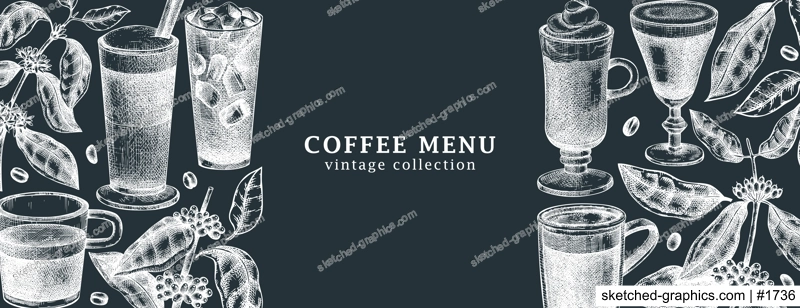Hand-sketched coffee banner design. Vector sketches of  mugs with aromatic caffeine drinks templates. With botanical coffee plants, leaves and beans in vintage style. Vector beverages background