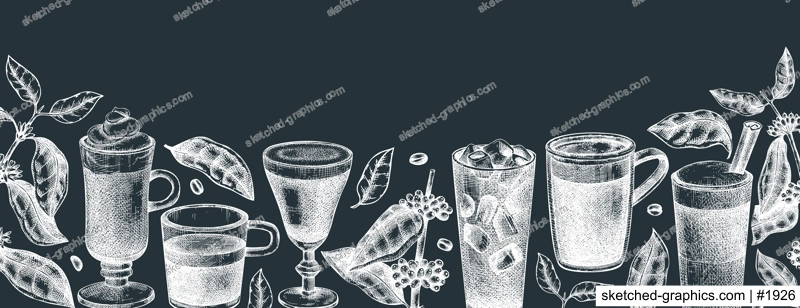 Hand-sketched coffee banner design. Vector sketches of  mugs with aromatic caffeine drinks templates. With botanical coffee plants, leaves and beans in vintage style. Vector beverages background