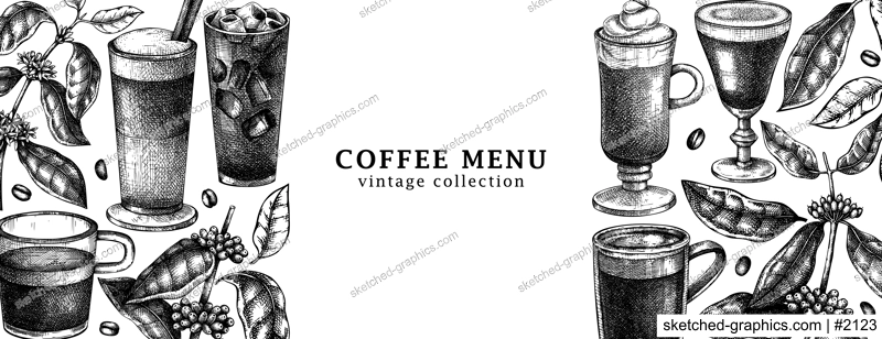 Hand-sketched coffee banner design. Vector sketches of  mugs with aromatic caffeine drinks templates. With botanical coffee plants, leaves and beans in vintage style. Vector beverages background