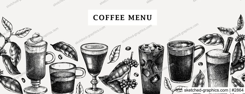 Hand-sketched coffee banner design. Vector sketches of  mugs with aromatic caffeine drinks templates. With botanical coffee plants, leaves and beans in vintage style. Vector beverages background