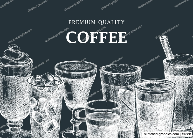 Hand-sketched coffee banner design on chalkboard. Vector sketches of mugs with aromatic caffeine drinks. Vector beverages background for café, cafeteria, restaurant menu