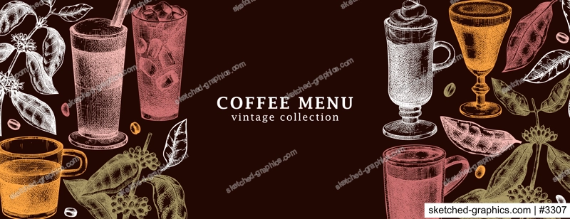Hand-sketched coffee banner template in color. Vector sketches of mugs with aromatic caffeine drinks. With botanical coffee plants, leaves and beans in vintage style. Vector beverages design