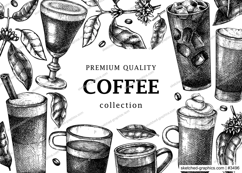 Hand-sketched coffee banner template. Vector sketches of mugs with aromatic caffeine drinks. With botanical coffee plants, leaves and beans in vintage style. Vector beverages design