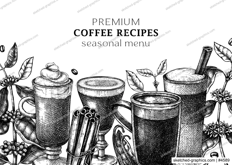 Hand-sketched coffee banner template. Vector sketches of mugs with aromatic caffeine drinks. With botanical coffee plants, leaves and beans in vintage style. Vector beverages design