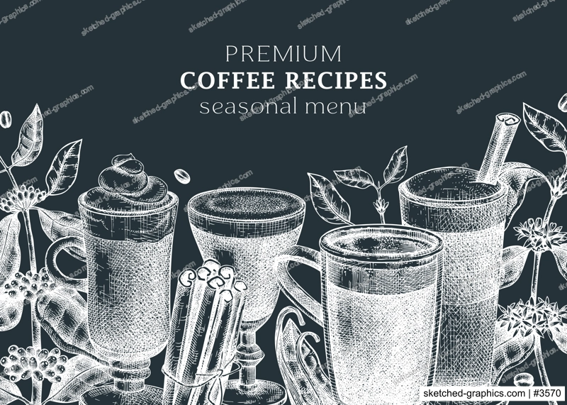 Hand-sketched coffee banner template on chalkboard. Vector sketches of mugs with aromatic caffeine drinks. With botanical coffee plants, leaves and beans in vintage style. Vector beverages design