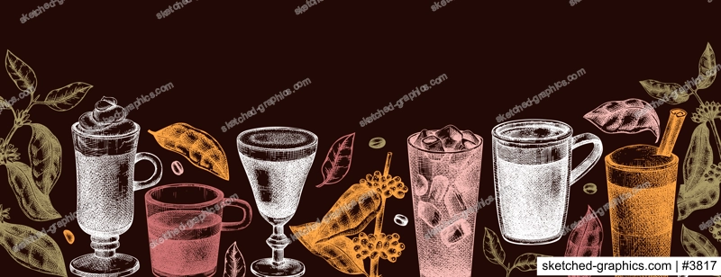Hand-sketched coffee banner template on chalkboard. Vector sketches of mugs with aromatic caffeine drinks. With botanical coffee plants, leaves and beans in vintage style. Vector beverages design
