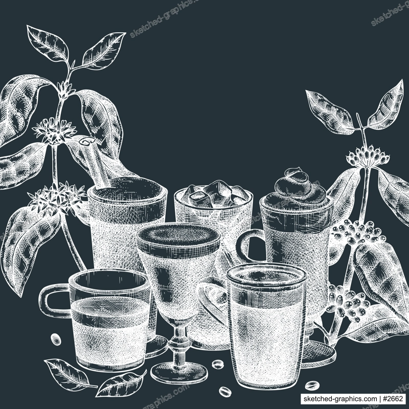 Hand-sketched coffee card design on chalkboard . With vector sketches of aromatic drinks in mugs and glasses. With botanical coffee plants, leaves and beans in vintage style. Vector beverages design