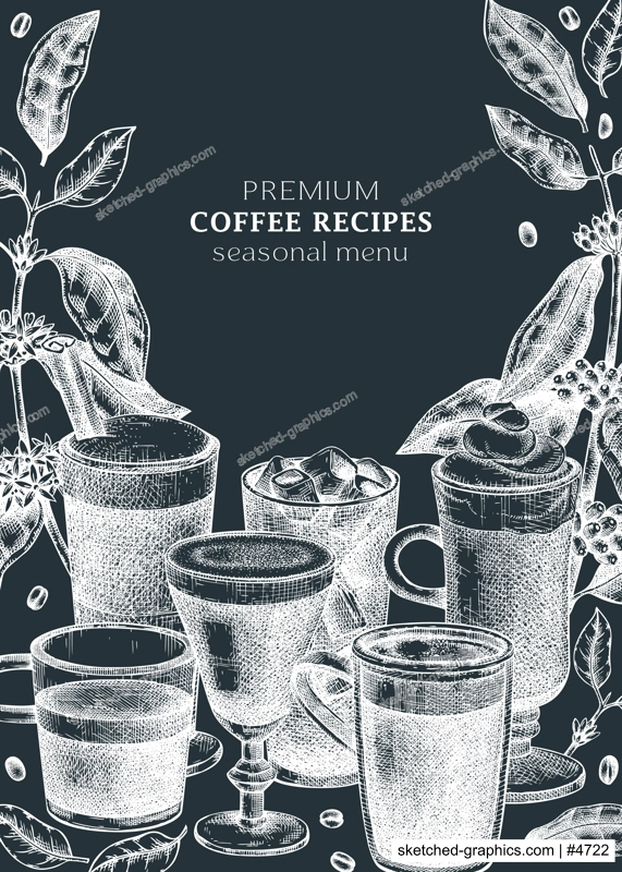 Hand-sketched coffee card or flyer on chalkboard. Vector sketches of mugs with aromatic drinks design. With botanical coffee plants, leaves and beans in vintage style. Vector beverages template