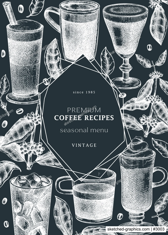 Hand-sketched coffee card or flyer on chalkboard. Vector sketches of mugs with aromatic drinks design. With botanical coffee plants, leaves and beans in vintage style. Vector beverages template