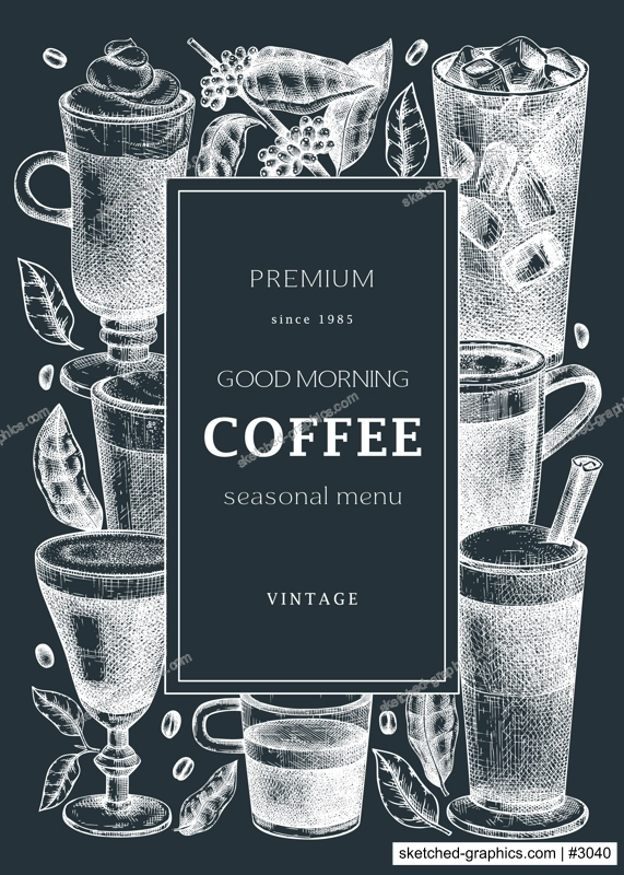 Hand-sketched coffee card or flyer on chalkboard. Vector sketches of mugs with aromatic drinks design. With botanical coffee plants, leaves and beans in vintage style. Vector beverages template