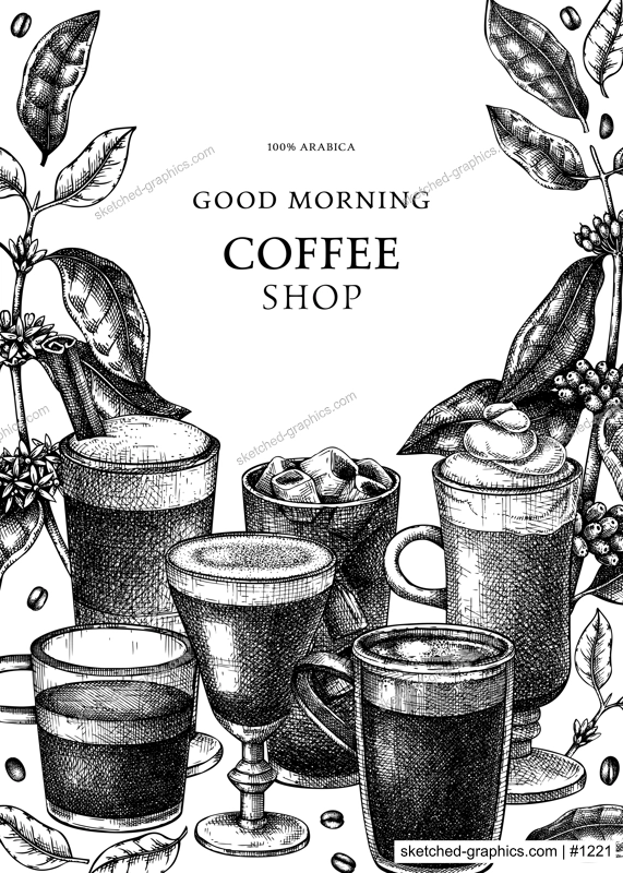 Hand-sketched coffee card template. Vector sketches of mugs with aromatic caffeine drinks design. With botanical coffee plants, leaves and beans in vintage style. Vector beverages template