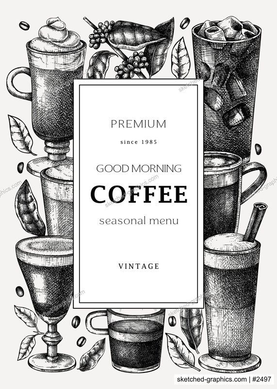 Hand-sketched coffee card template. Vector sketches of mugs with aromatic caffeine drinks design. With botanical coffee plants, leaves and beans in vintage style. Vector beverages template