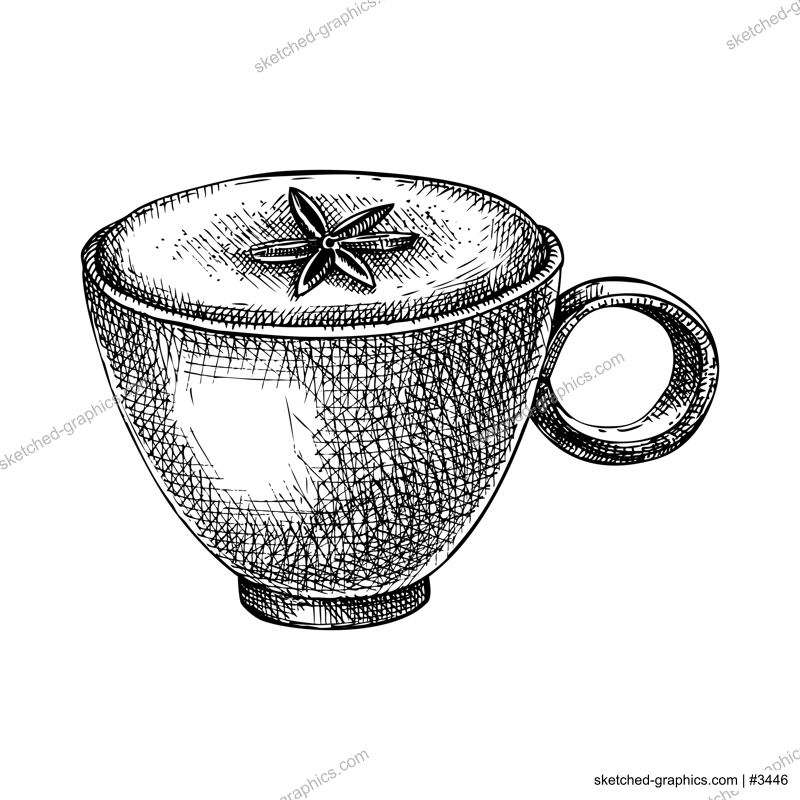 Morning coffee cup sketch. Sketched drink illustration. Vector sketch of mug with aromatic cappuccino. Coffee with milk and spices sketch. Hot drink drawing isolated on white background